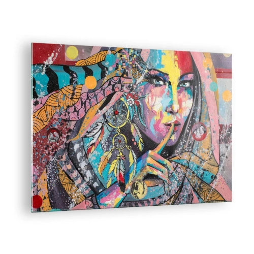 Obraz na skle - Barevný portrét ženy s etnickými motivy a peřím - 70x50cm - Mlč, než pochopíš - Moderní nástěnná dekorace do obývacího pokoje a ložnice ARTTOR