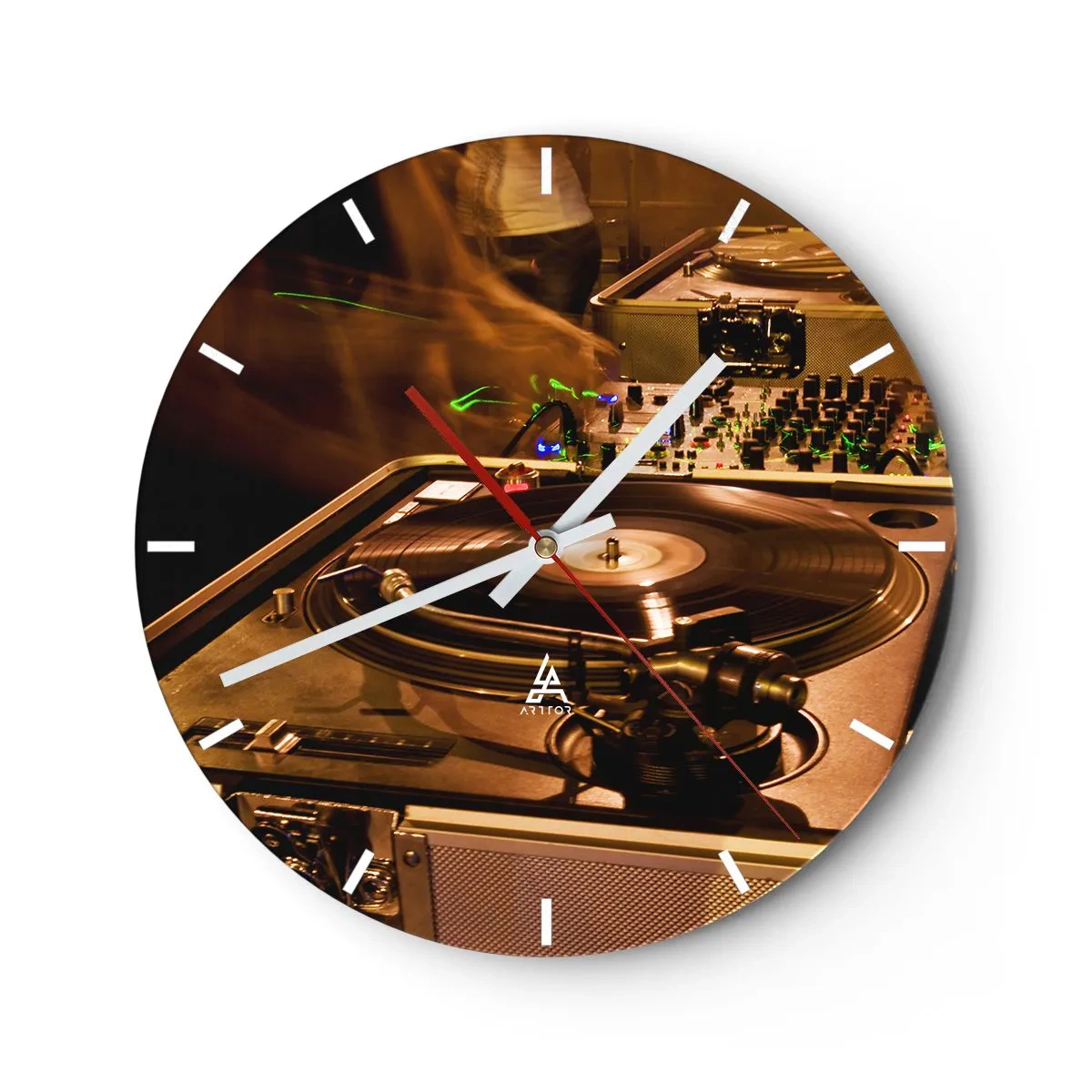 Nástěnné hodiny - DJ gramofon a mixážní pult s dynamickým osvětlením - 30x30cm - Cítíš tu sílu? - Moderní nástěnná dekorace do obývacího pokoje, kuchyně a ložnice ARTTOR