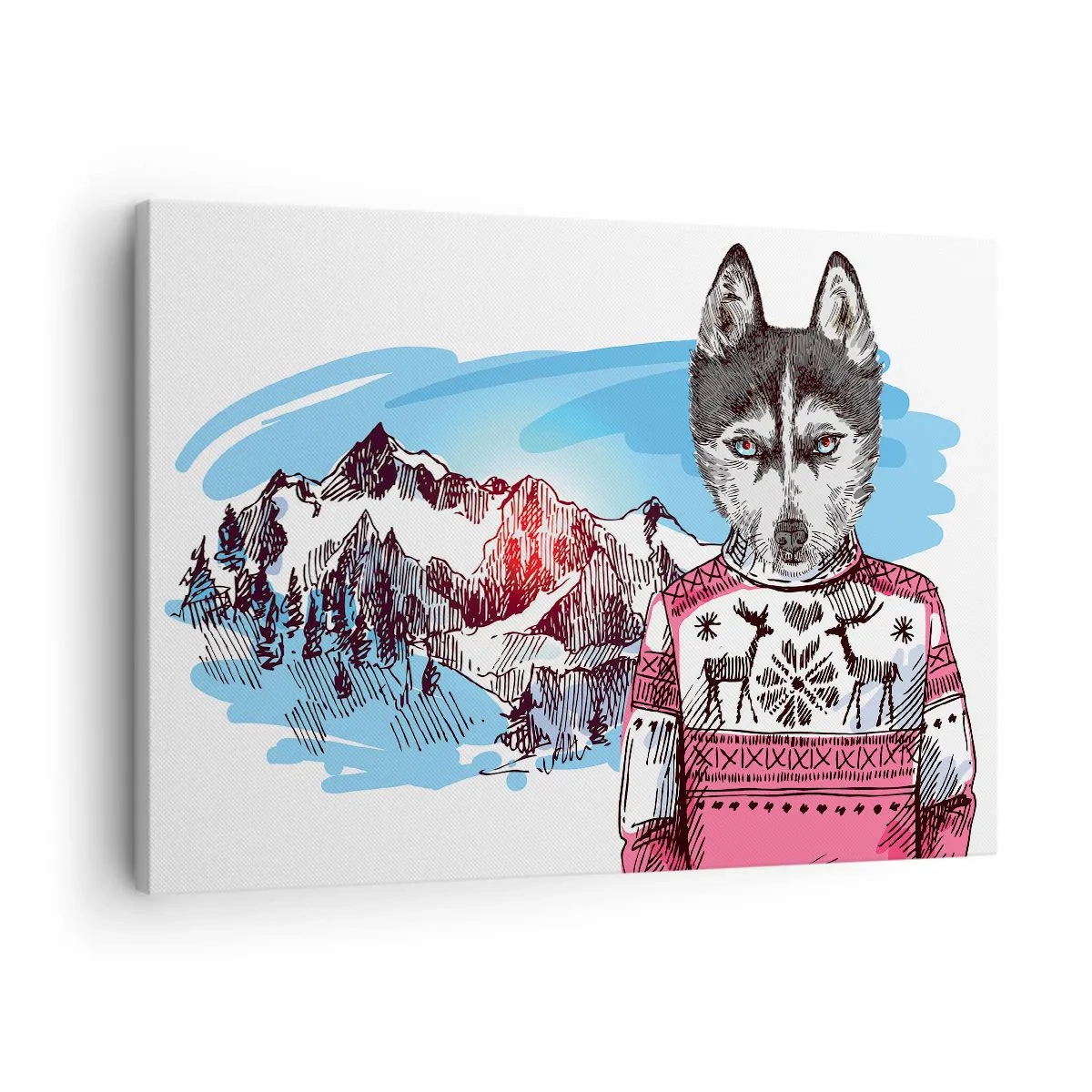 Obraz na plátně - Vlk v zimním svetru proti horské krajině - 70x50cm - Vlk v ovčím rounu - Moderní nástěnná dekorace do obývacího pokoje a ložnice ARTTOR