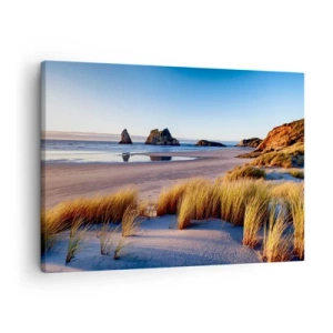 Obraz na plátně - Malebná pláž s výhledem na skály a moře při západu slunce - 70x50cm - Pro hledače klidu - Moderní nástěnná dekorace do obývacího pokoje a ložnice ARTTOR