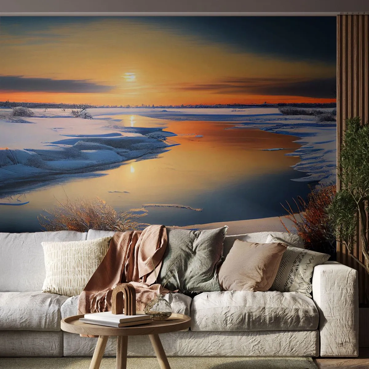 Fototapeta Premium Sand - Zimní západ slunce - Zima, Řeka, Krajina - 100x70 cm