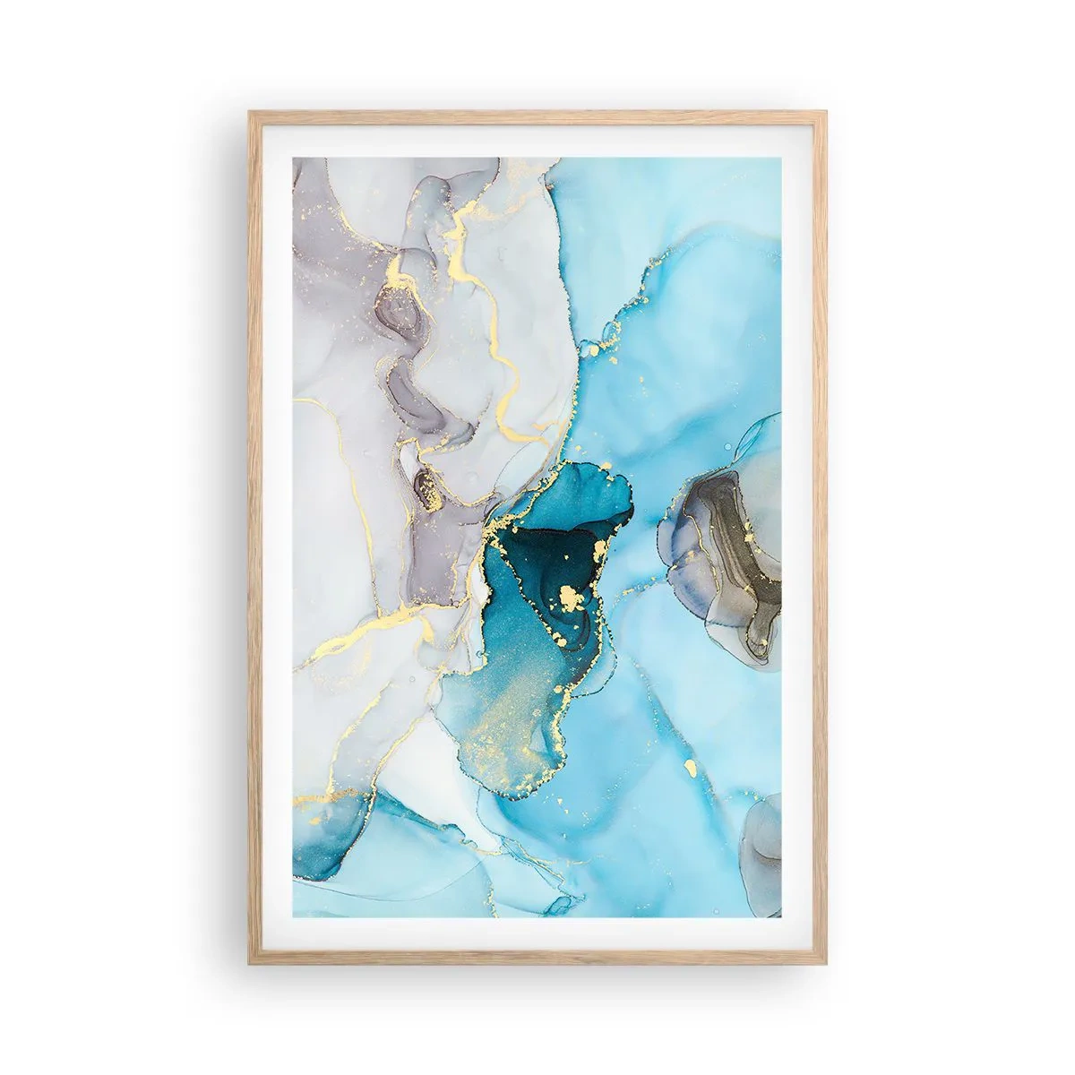 Plakát v rámu světlý dub - Studie o setkání šedé a tyrkysové - 61x91 cm