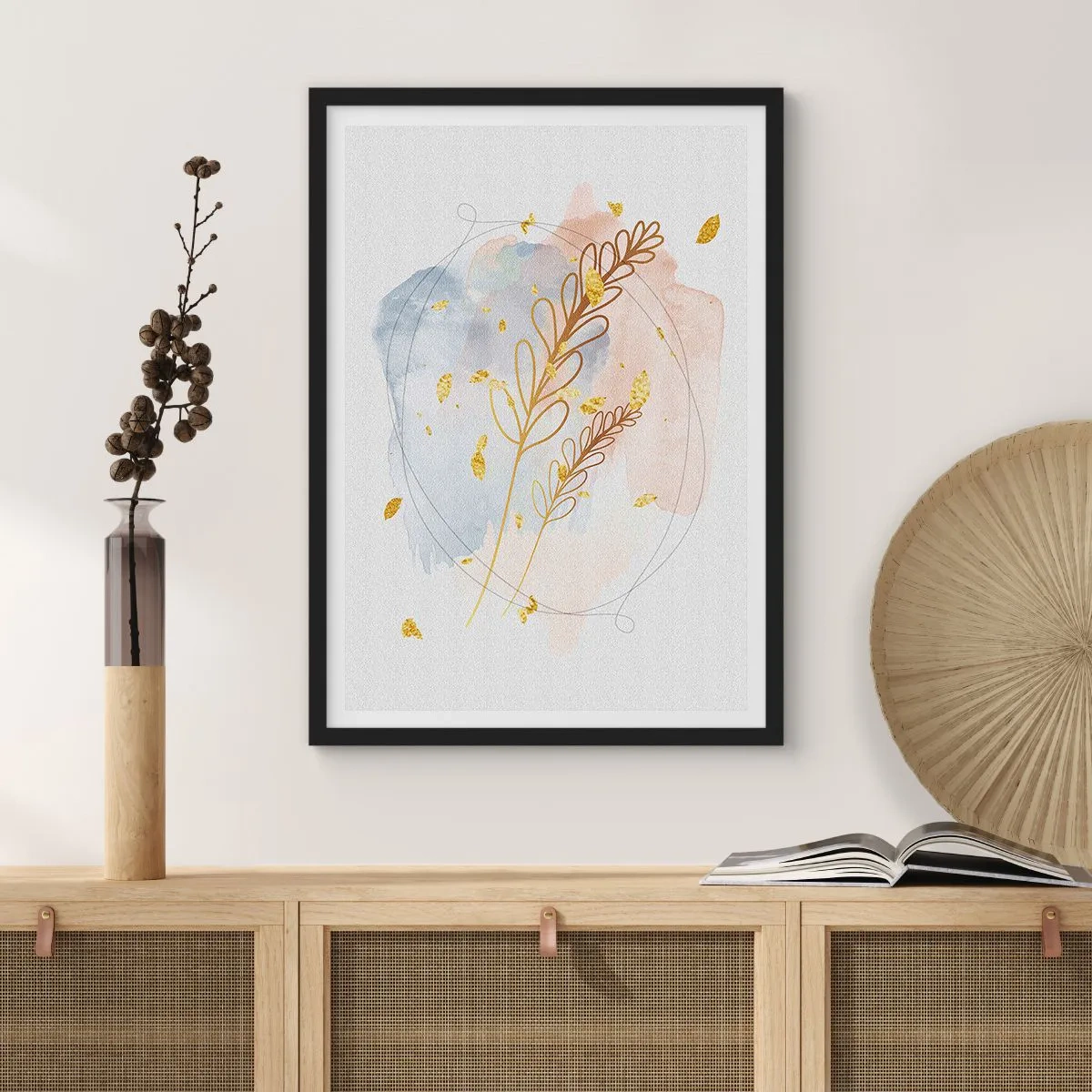 Plakát v černém rámu - Jemná botanická kompozice se zlatými detaily - 50x70cm - Zlatý závan - Moderní nástěnná dekorace do obývacího pokoje a ložnice ARTTOR
