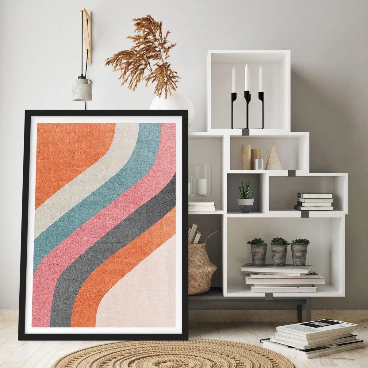Plakát v černém rámu - Geometrické retro pruhy - 50x70cm - Diagonální kompozice – pohyb - Moderní nástěnná dekorace do obývacího pokoje a ložnice ARTTOR