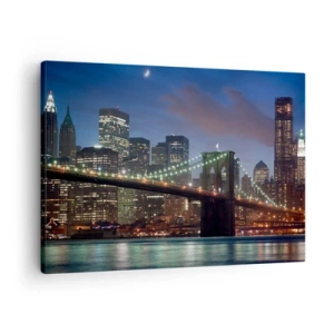 Obraz na plátně - Newyorský most v noci s osvětlenými budovami - 70x50cm - Rozjařená noc - Moderní nástěnná dekorace do obývacího pokoje a ložnice ARTTOR