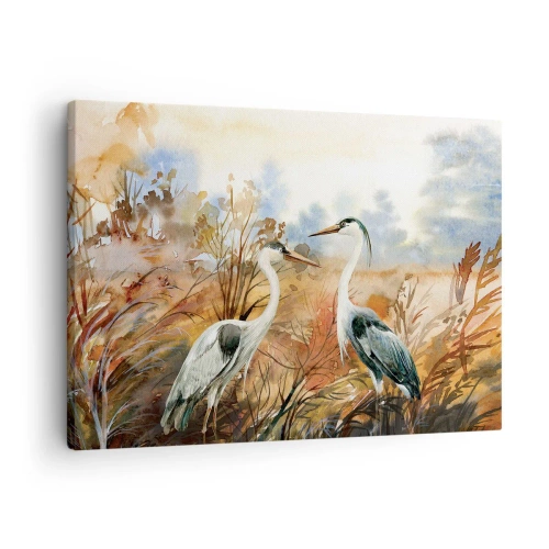 Obraz na plátně - Dvě volavky na pozadí podzimní krajiny - 70x50cm - Kam na podzim? - Moderní nástěnná dekorace do obývacího pokoje a ložnice ARTTOR