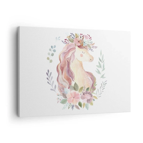 Obraz na plátně - Jednorožec v pastelových barvách obklopený květinami - 70x50cm - Pozvánka do říše pohádek - Moderní nástěnná dekorace do obývacího pokoje a ložnice ARTTOR