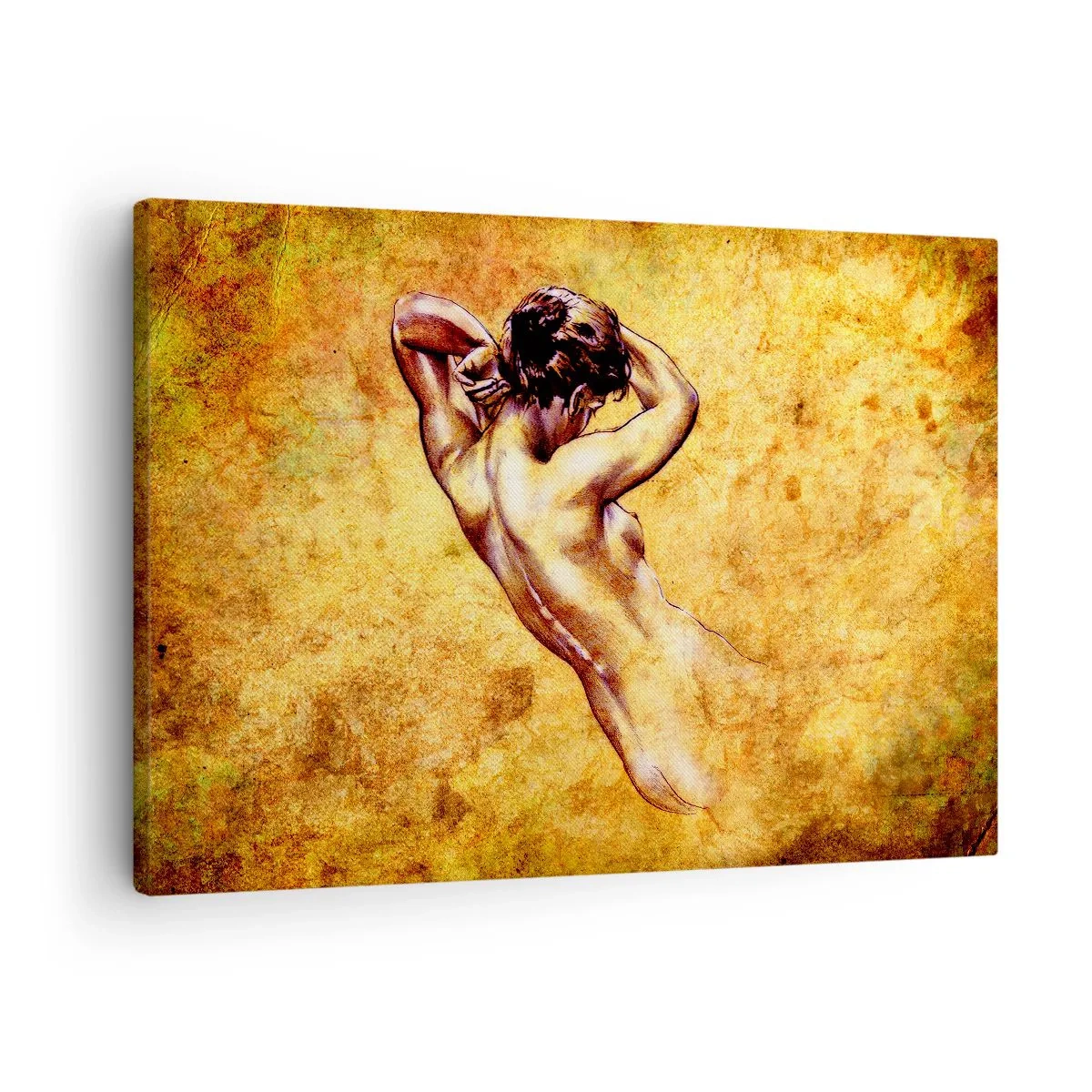 Obraz na plátně - Umělecký ženský akt na zlatém pozadí v klasickém stylu - 70x50cm - Odhalené, ale stále tajemství - Moderní nástěnná dekorace do obývacího pokoje a ložnice ARTTOR