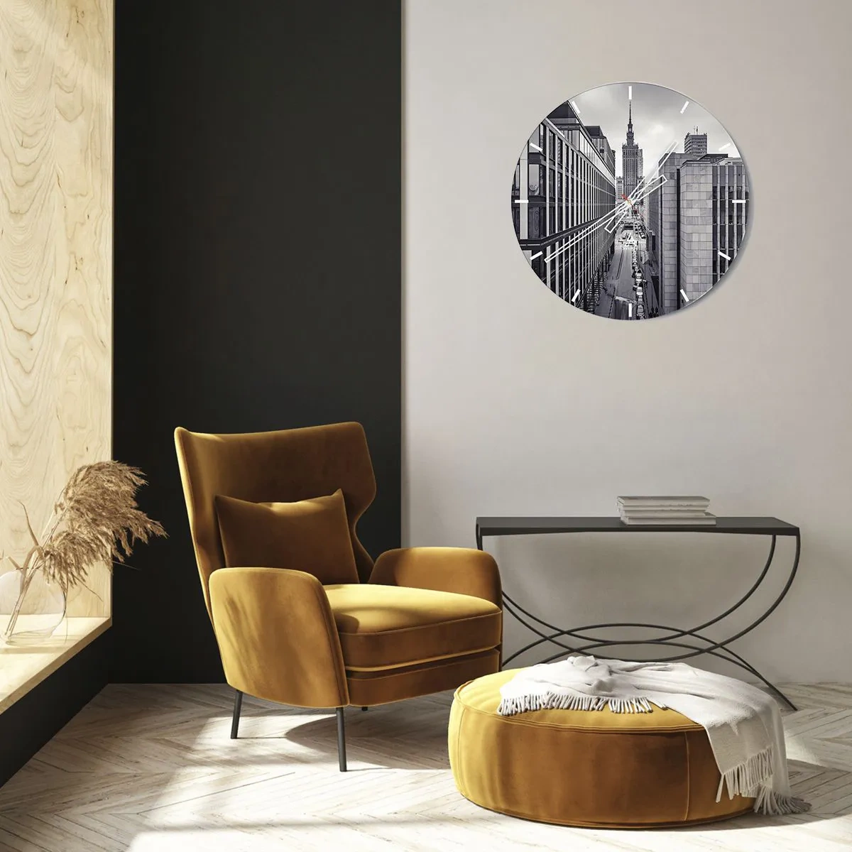 Nástěnné hodiny - Panorama města s moderní architekturou - 30x30cm - Varšavské údolí - Moderní nástěnná dekorace do obývacího pokoje, kuchyně a ložnice ARTTOR
