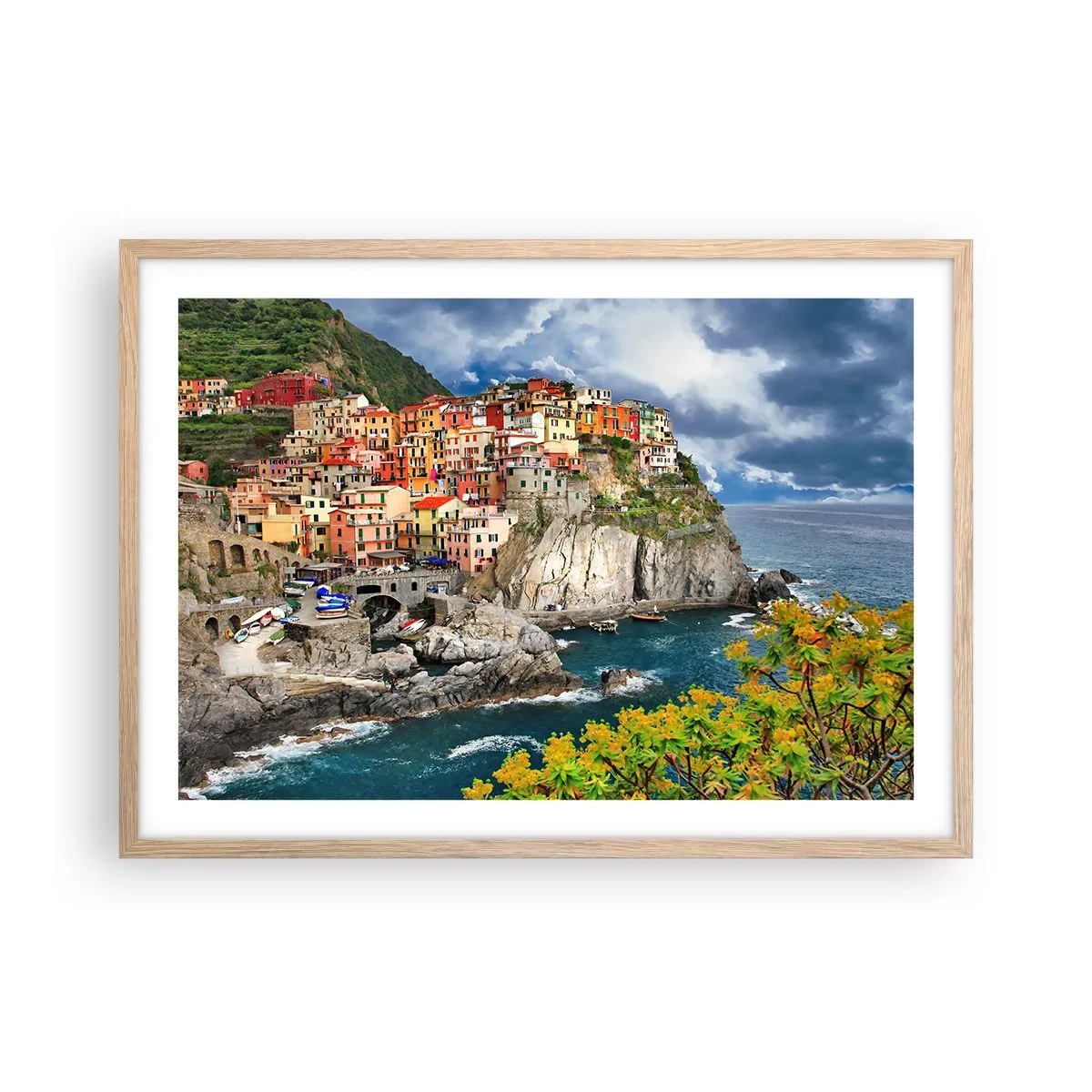 Plakát v rámu světlý dub - Hromádka přitulená ke skalám - 70x50 cm