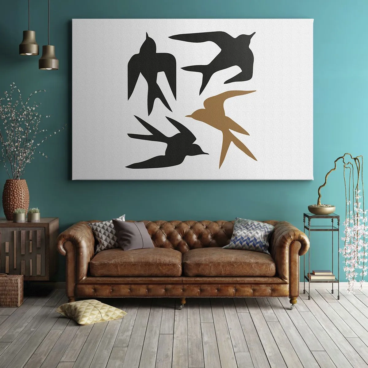 Obraz na plátně - Siluety vlaštovek v černé a zlaté barvě - 70x50cm - Vlaštovky - Moderní nástěnná dekorace do obývacího pokoje a ložnice ARTTOR