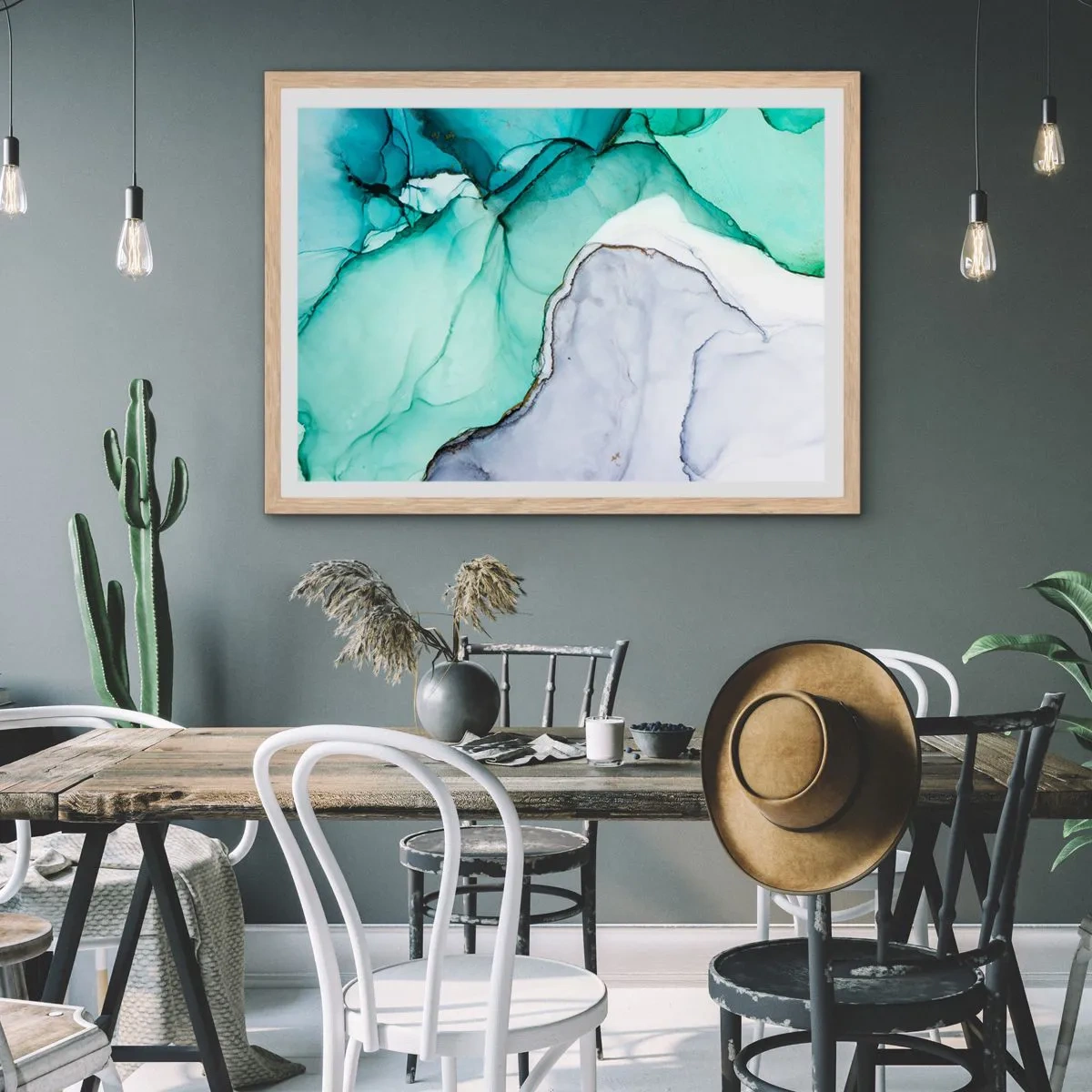 Plakát v rámu světlý dub - Studie v tyrkysové - 100x70 cm