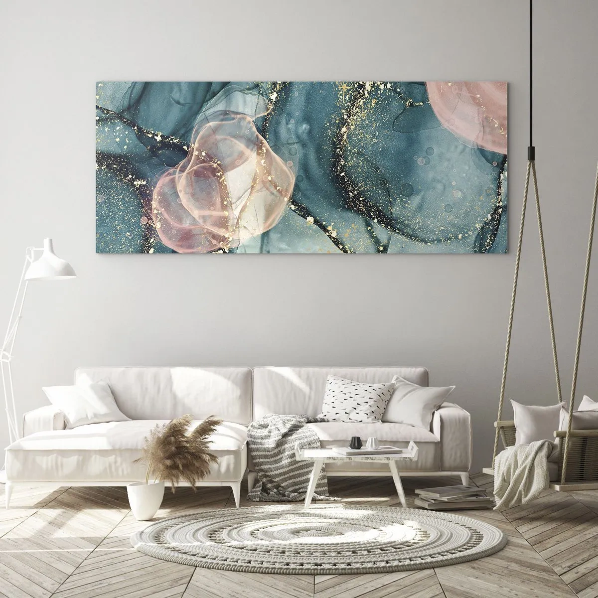 Obraz na skle - Modré hedvábí modré, růžový tyl - 120x50 cm