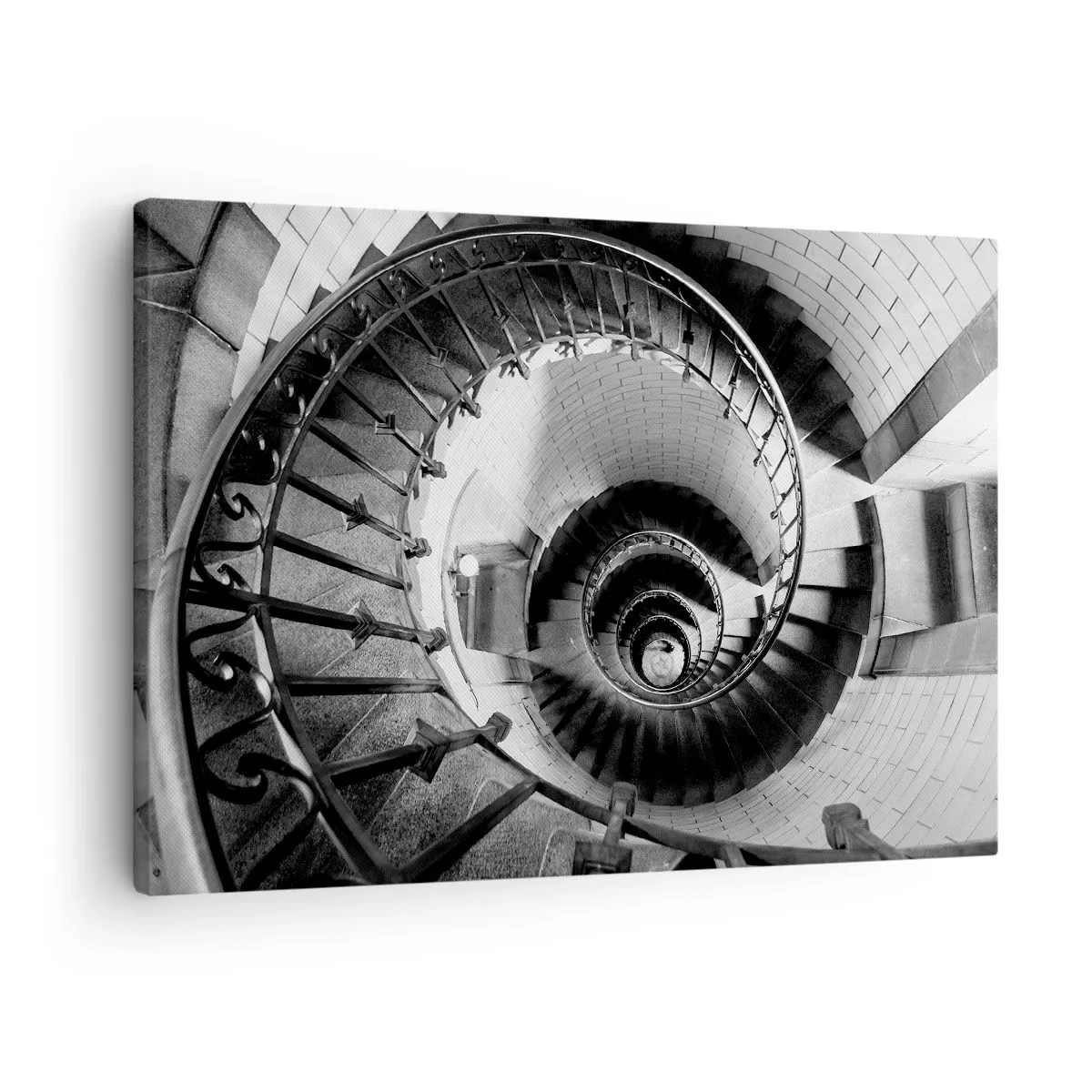 Obraz na plátně - Černobílá fotografie točitého schodiště s pohledem shora dolů - 70x50cm - Jen výš a výš - Moderní nástěnná dekorace do obývacího pokoje a ložnice ARTTOR