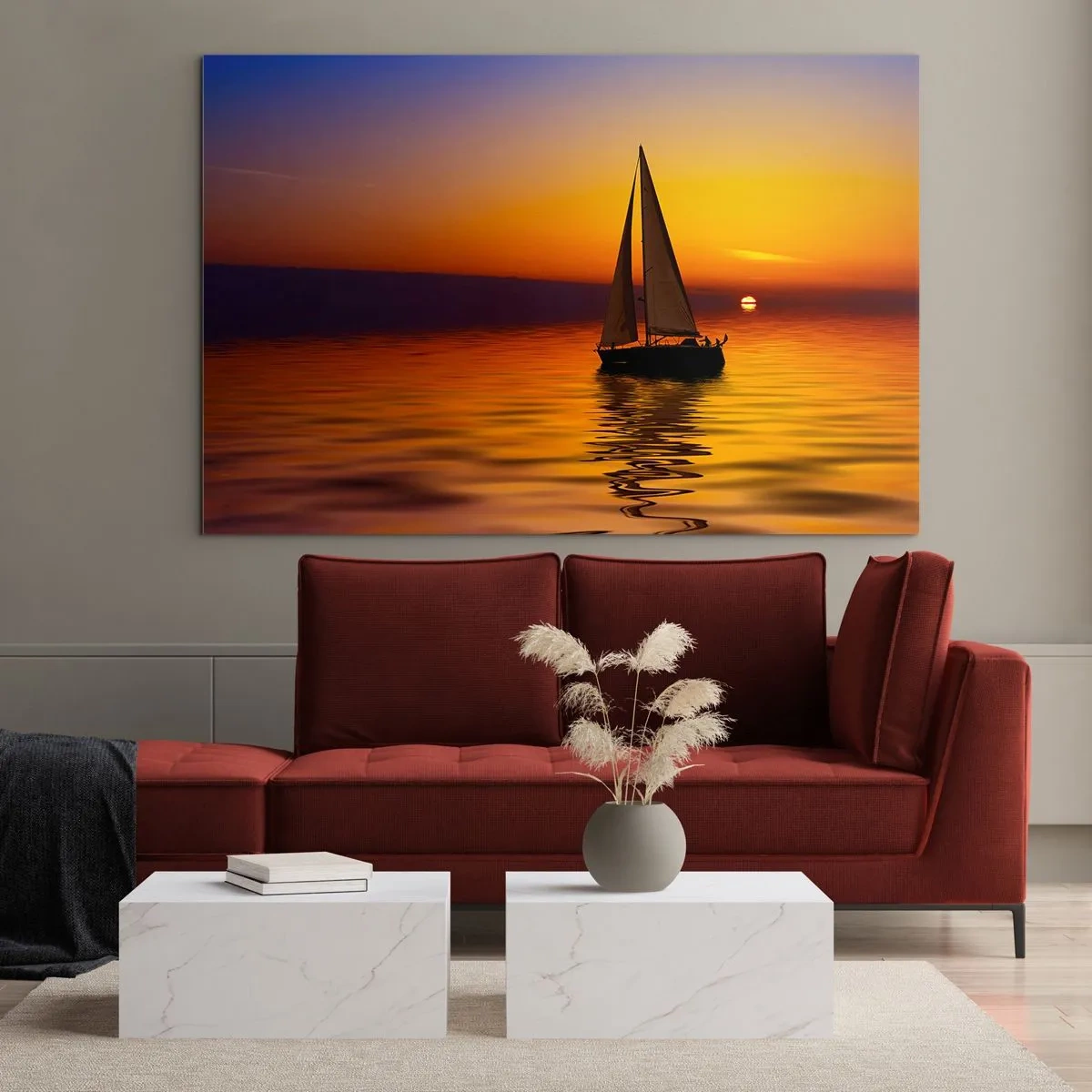 Obraz na skle - Plachetnice na vodě při západu slunce - 70x50cm - Jak je tu za soumraku ticho… - Moderní nástěnná dekorace do obývacího pokoje a ložnice ARTTOR
