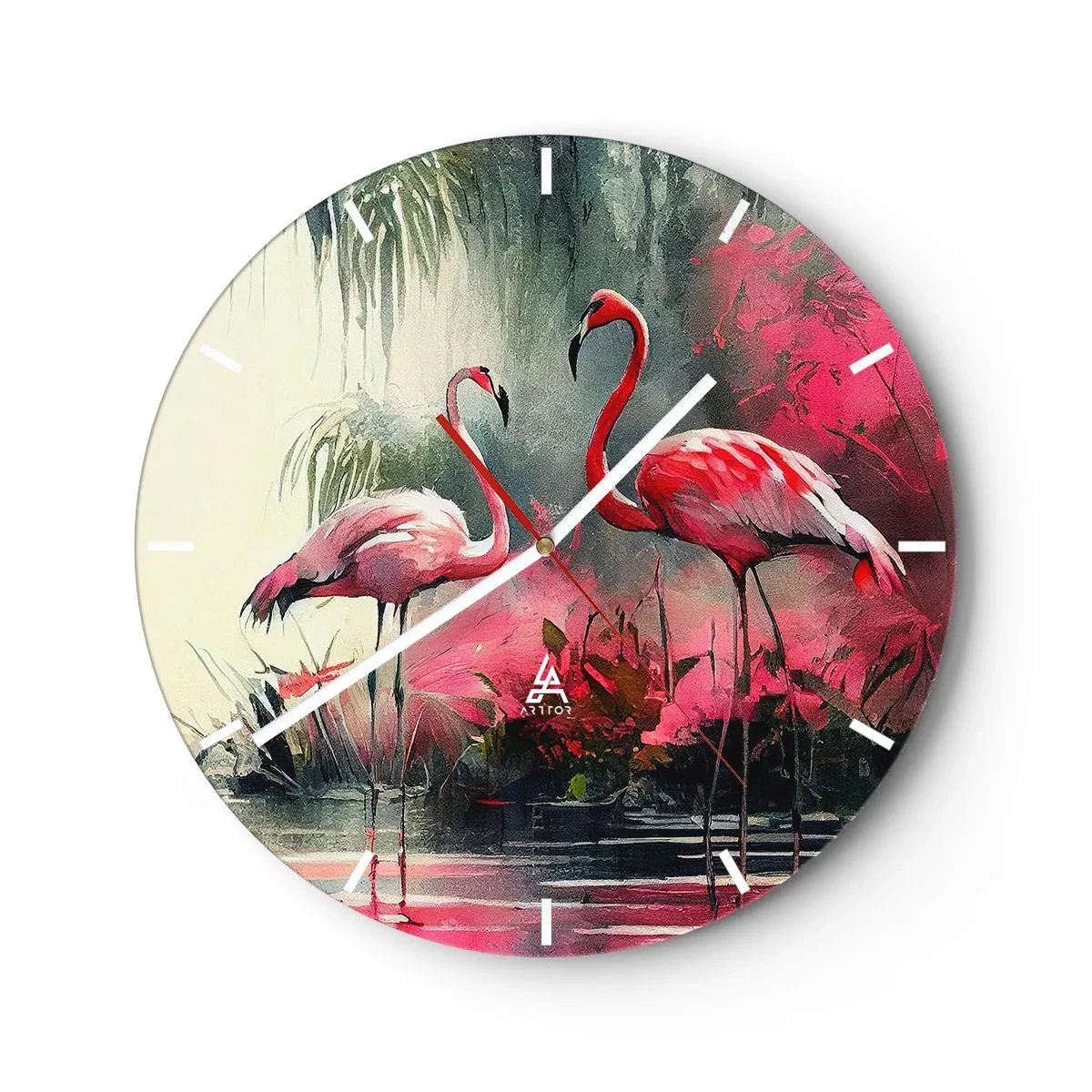 Nástěnné hodiny - Dva plameňáci v exotickém růžovém prostředí - 30x30cm - Hodiny přírodního kouzla - Moderní nástěnná dekorace do obývacího pokoje, kuchyně a ložnice ARTTOR