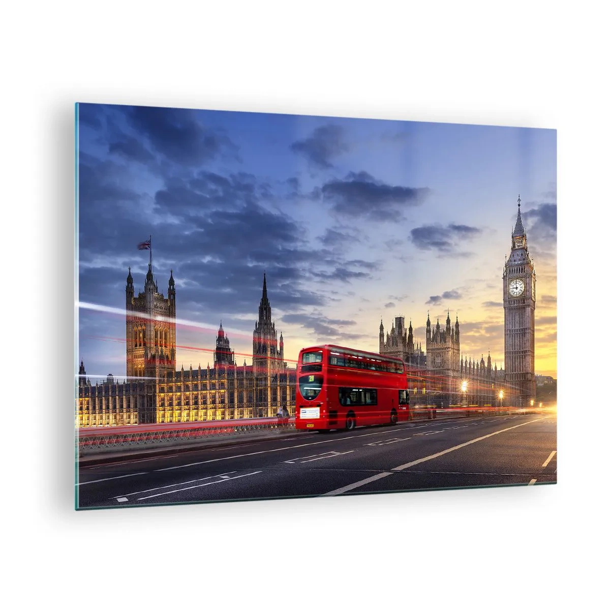 Obraz na skle - Big Ben a červený autobus v Londýně při západu slunce - 70x50cm - Zvláštní znaky - Moderní nástěnná dekorace do obývacího pokoje a ložnice ARTTOR
