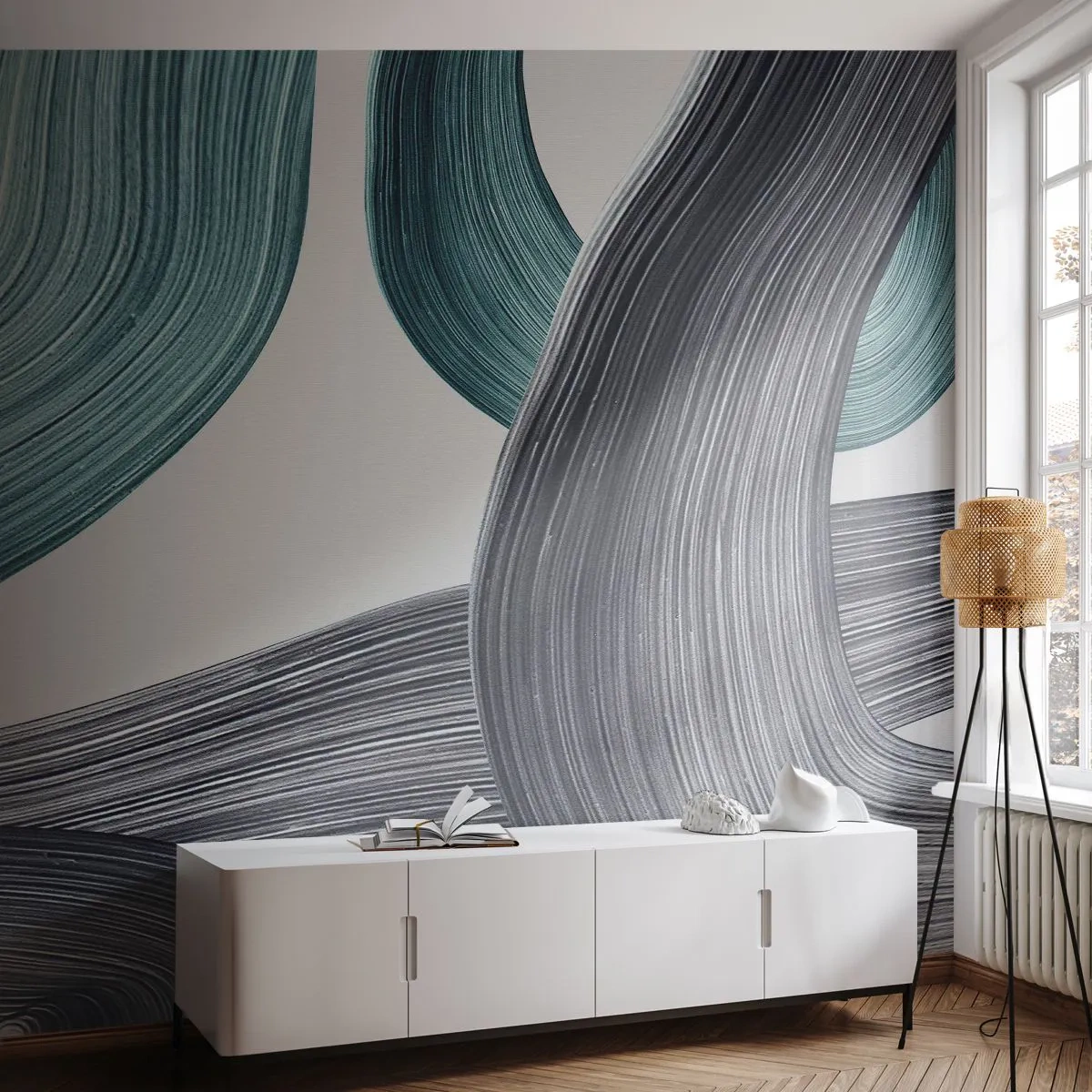 Fototapeta Premium Canvas - Smaragdové a černé vlny - Malovat, Štětec, Minimalismus - 250x175 cm