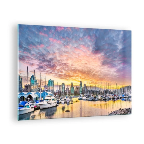 Obraz na skle - Západ slunce nad přístavem s loděmi a mrakodrapy - 70x50cm - Město tisíce námořníků - Moderní nástěnná dekorace do obývacího pokoje a ložnice ARTTOR