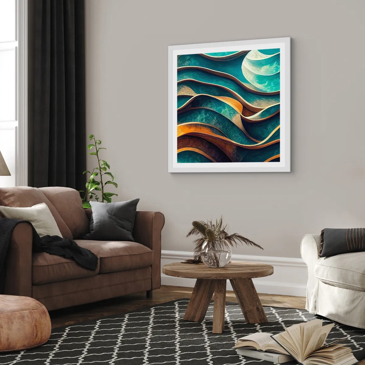 Plakát v bílém rámu - Meandry modré - 50x50 cm