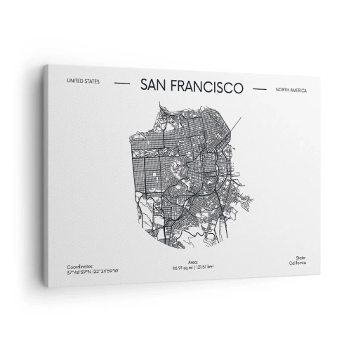 Obraz na plátně - Mapa San Francisca v minimalistickém černobílém stylu. - 70x50cm - Anatomie San Francisca - Moderní nástěnná dekorace do obývacího pokoje a ložnice ARTTOR