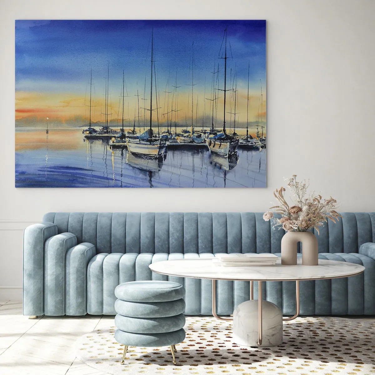 Obraz na skle - Plachetnice v přístavu při západu slunce - 70x50cm - Konec dobrého dne - Moderní nástěnná dekorace do obývacího pokoje a ložnice ARTTOR