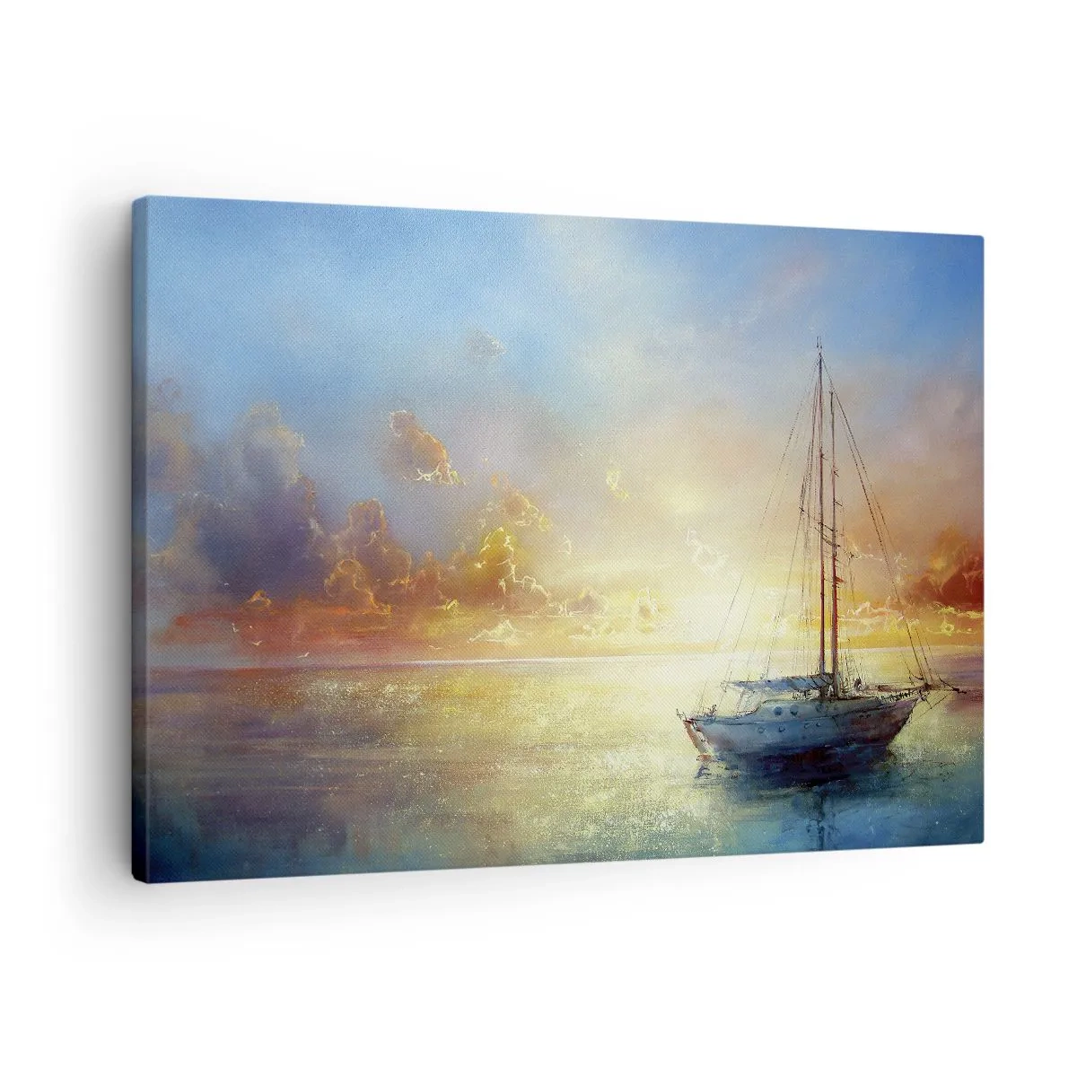 Obraz na plátně - Jachta na klidném moři při západu slunce - 70x50cm - Ve zlatém zálivu - Moderní nástěnná dekorace do obývacího pokoje a ložnice ARTTOR