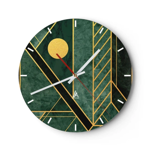 Nástěnné hodiny - Zelené pozadí s geometrickými zlatými čarami a zlatým kruhem - 30x30cm - Dynamika zlata a lazuritu - Moderní nástěnná dekorace do obývacího pokoje, kuchyně a ložnice ARTTOR