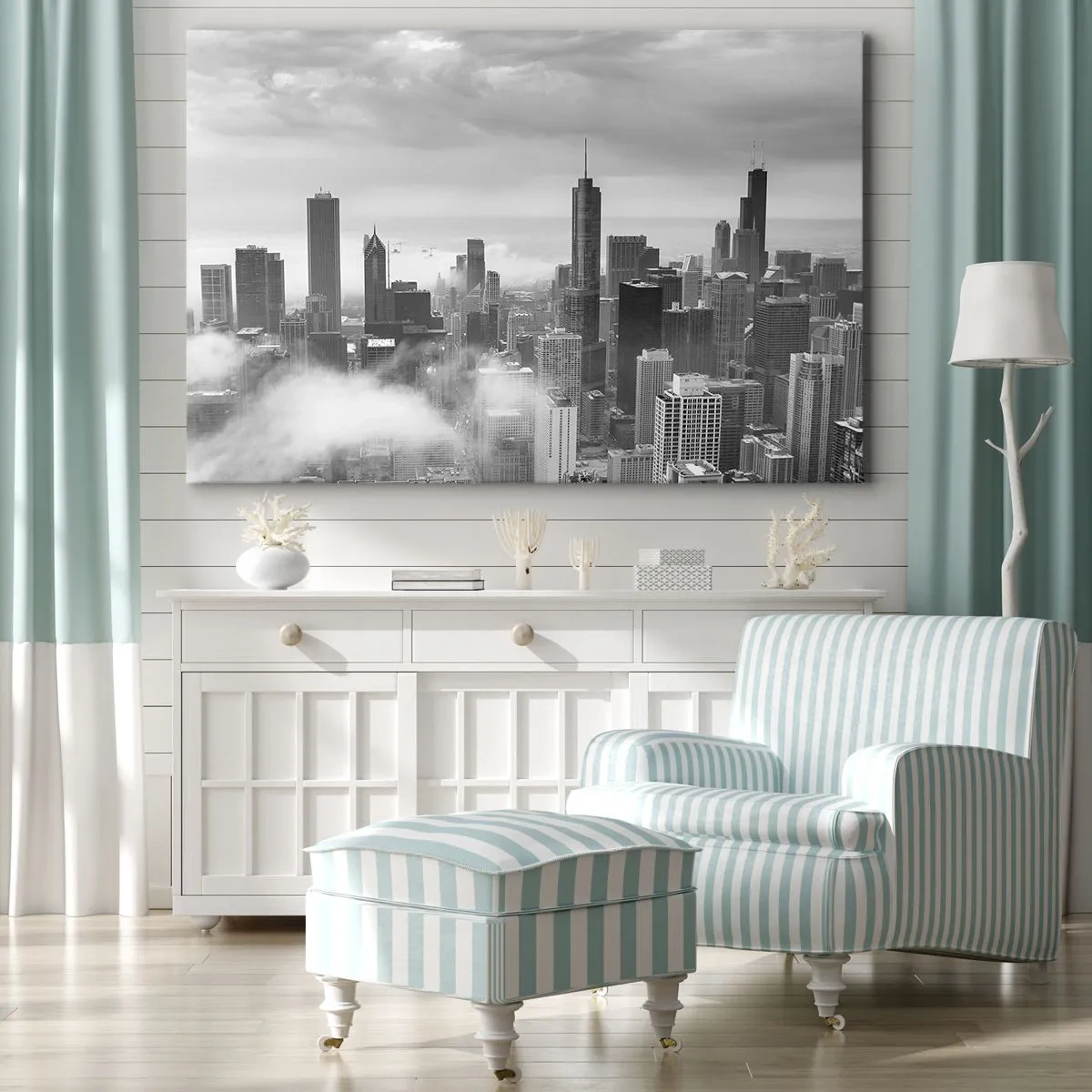 Obraz na plátně - Panorama města s mrakodrapy v oblacích v černé a bílé - 70x50cm - Americká krajina - Moderní nástěnná dekorace do obývacího pokoje a ložnice ARTTOR