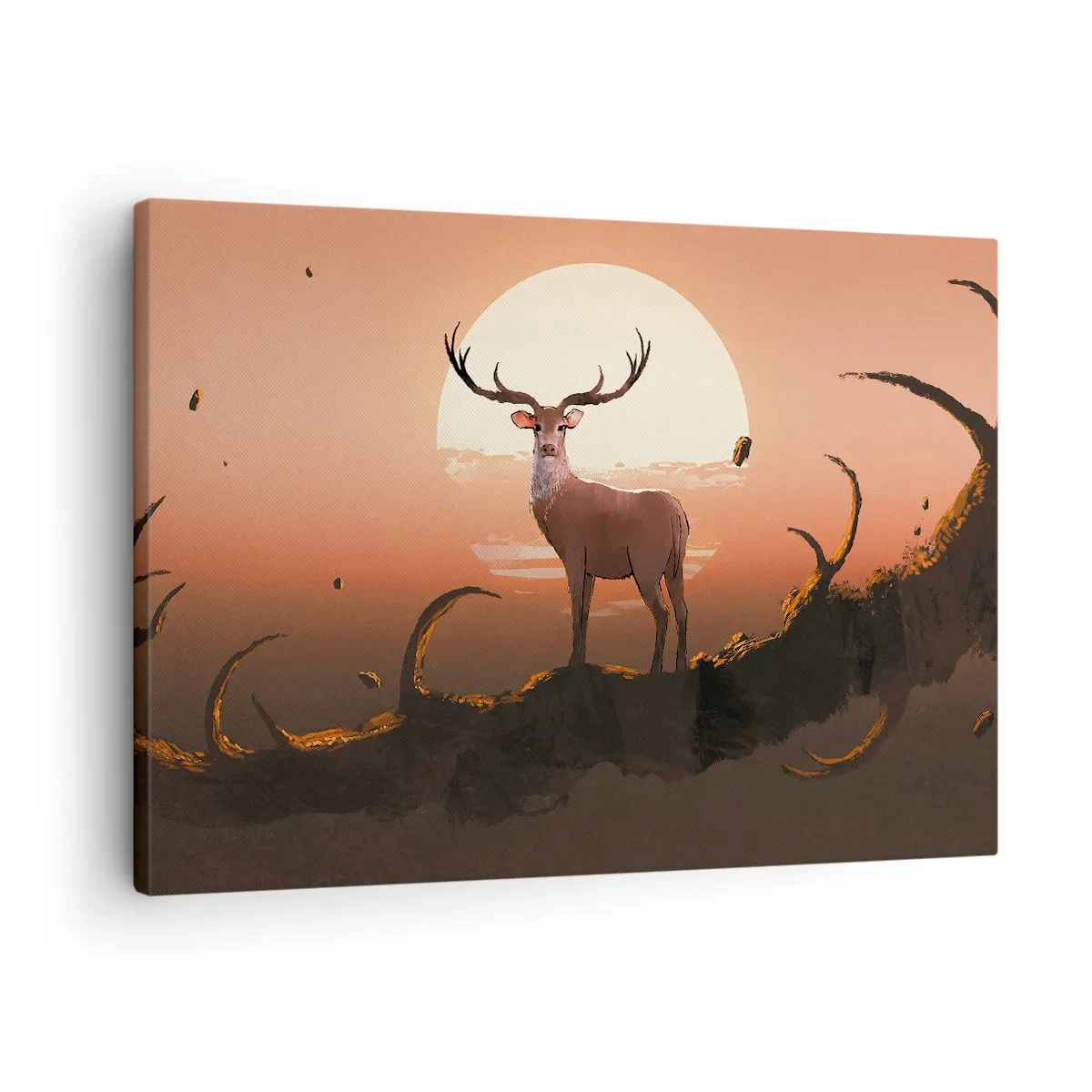 Obraz na plátně - Jelen na pozadí zapadajícího slunce a surrealistické krajiny - 70x50cm - Tato noc se nepodobá jiným - Moderní nástěnná dekorace do obývacího pokoje a ložnice ARTTOR