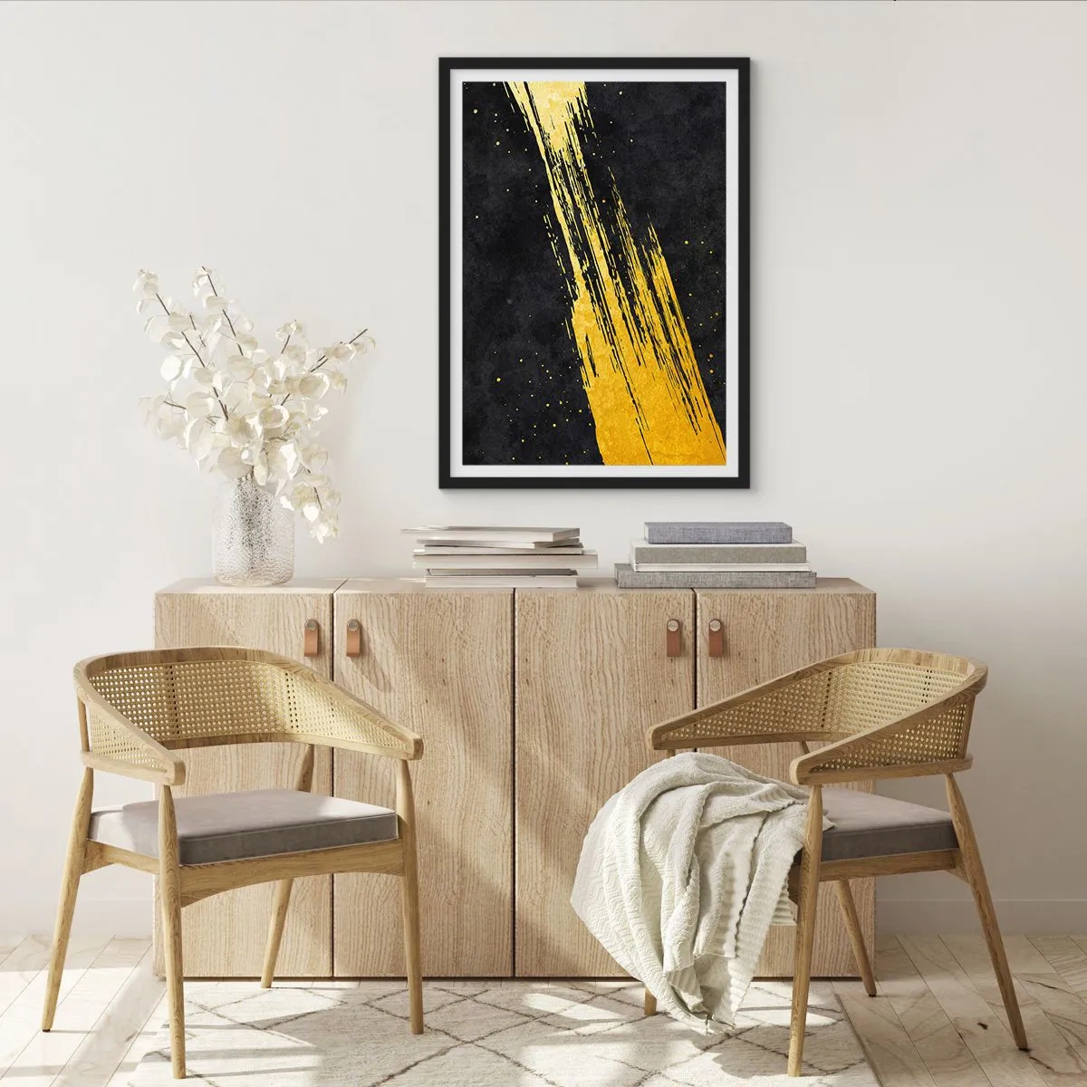 Plakát v černém rámu - Zlaté tahy štětcem na černém pozadí - 50x70cm - Skok do hyperprostoru - Moderní nástěnná dekorace do obývacího pokoje a ložnice ARTTOR