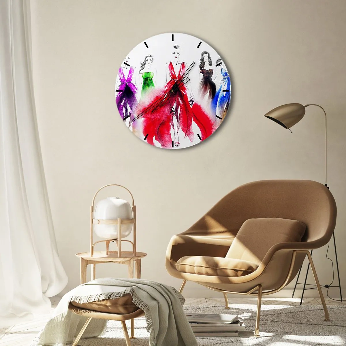 Nástěnné hodiny - Siluety žen v elegantních, barevných večerních šatech - 30x30cm - Nálada na kostýmy - Moderní nástěnná dekorace do obývacího pokoje, kuchyně a ložnice ARTTOR