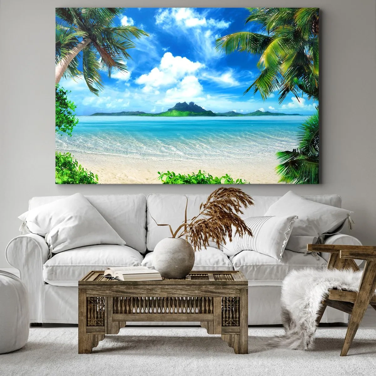 Obraz na plátně - Tropická pláž s palmami a výhledem na ostrov - 70x50cm - Modř tropů - Moderní nástěnná dekorace do obývacího pokoje a ložnice ARTTOR