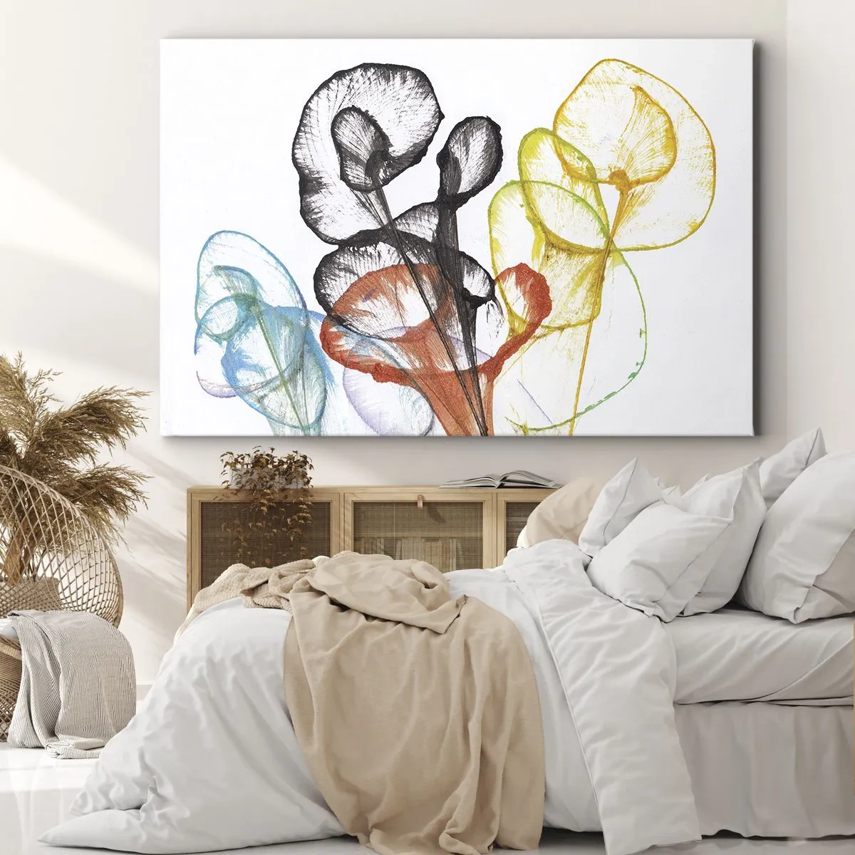 Obraz na plátně - Barevné průhledné květiny na bílém pozadí - 70x50cm - Květiny s duší - Moderní nástěnná dekorace do obývacího pokoje a ložnice ARTTOR