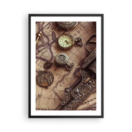 Plakát v černém rámu - Kompas, mapa a staromódní předměty symbolizující dobrodružství - 50x70cm - Dobrodružství volá - Moderní nástěnná dekorace do obývacího pokoje a ložnice ARTTOR