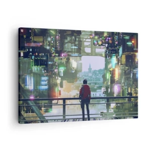 Obraz na plátně - Postava ve futuristickém městě s neonovými světly - 70x50cm - Dva světy - Moderní nástěnná dekorace do obývacího pokoje a ložnice ARTTOR