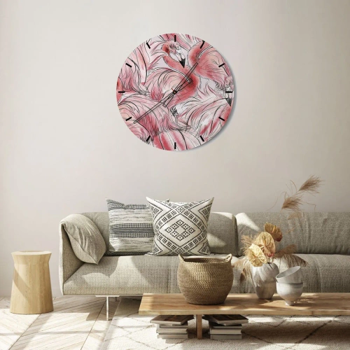 Nástěnné hodiny - Růžoví plameňáci v dynamické, umělecké kompozici - 30x30cm - Ptačí corps de ballet - Moderní nástěnná dekorace do obývacího pokoje, kuchyně a ložnice ARTTOR