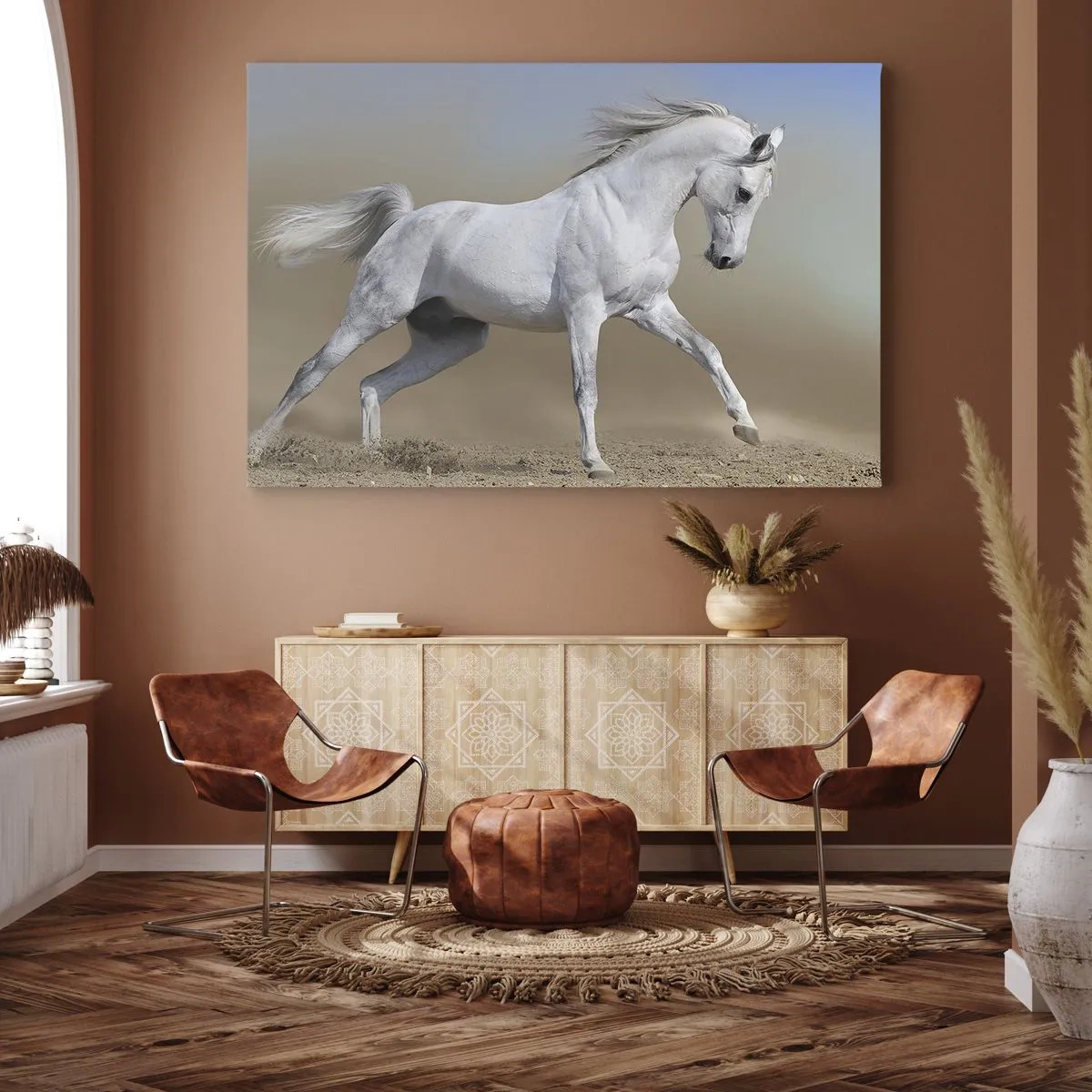 Obraz na plátně - Bílý kůň cválající pouštní krajinou - 70x50cm - Nejkrásnější arabská pohádka - Moderní nástěnná dekorace do obývacího pokoje a ložnice ARTTOR