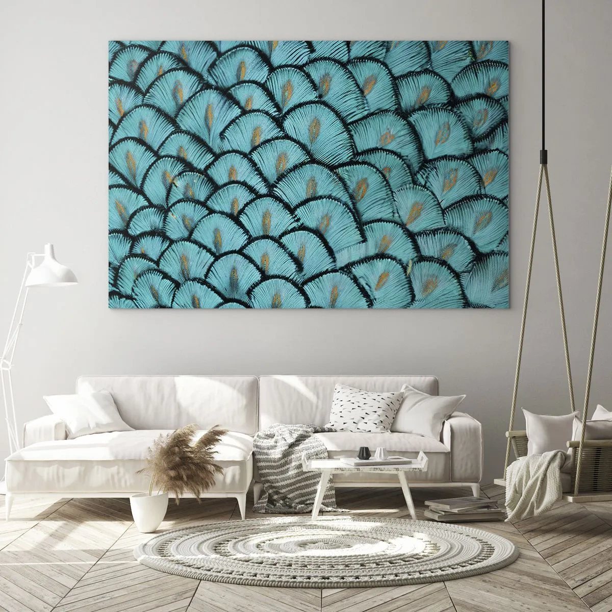 Obraz na skle - Detailní záběr na tyrkysová paví pera tvořící dekorativní vzor. - 70x50cm - Velká slavnost peří - Moderní nástěnná dekorace do obývacího pokoje a ložnice ARTTOR