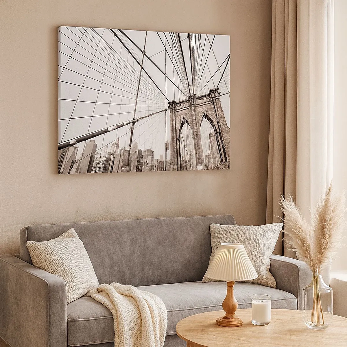 Obraz na plátně - Brooklynský most v černobílém provedení - 70x50cm - Newyorská katedrála - Moderní nástěnná dekorace do obývacího pokoje a ložnice ARTTOR