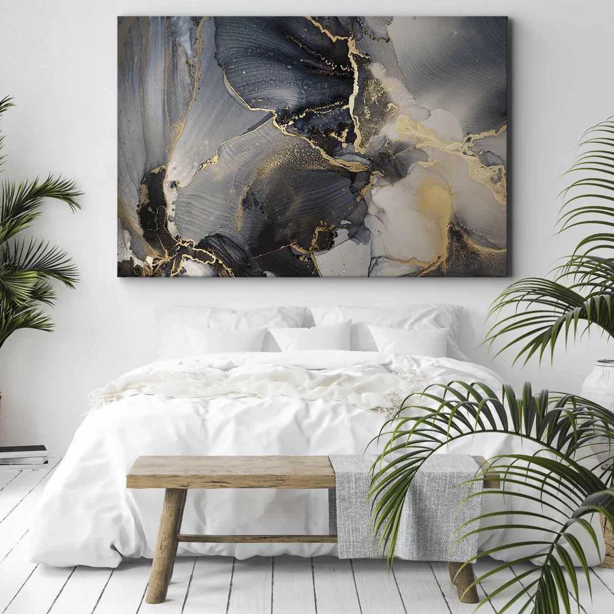 Obraz na plátně - Abstraktní zlatá a šedá na plátně - 70x50cm - Život kamene - Moderní nástěnná dekorace do obývacího pokoje a ložnice ARTTOR