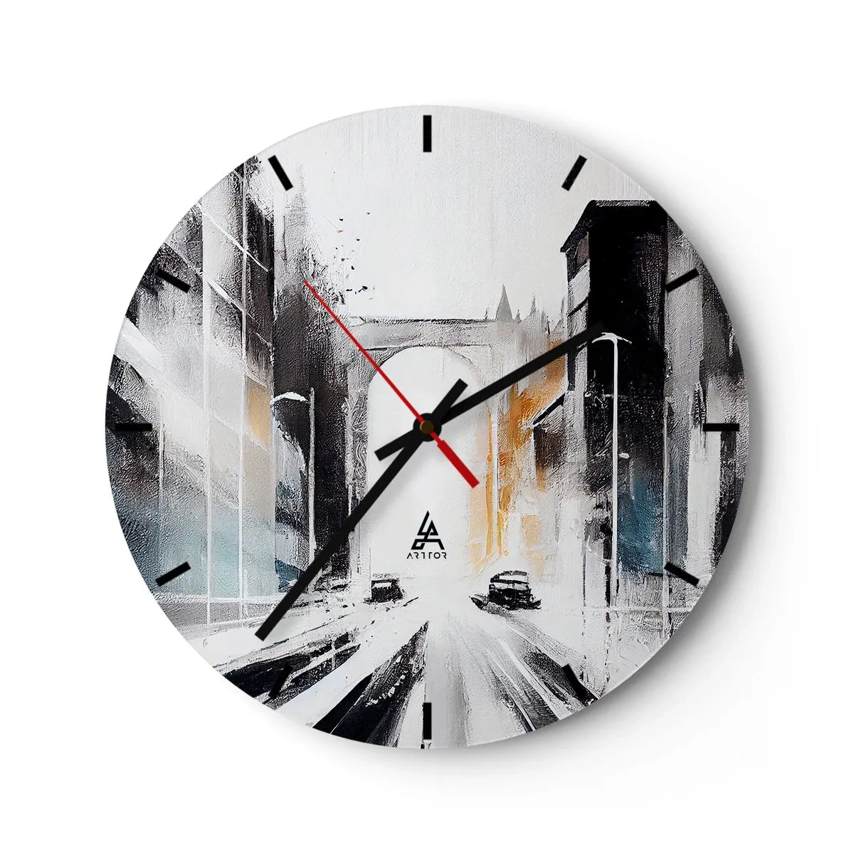 Nástěnné hodiny - Malířská vize městské ulice s auty a budovami - 30x30cm - Studie města: architektura a pohyb - Moderní nástěnná dekorace do obývacího pokoje, kuchyně a ložnice ARTTOR