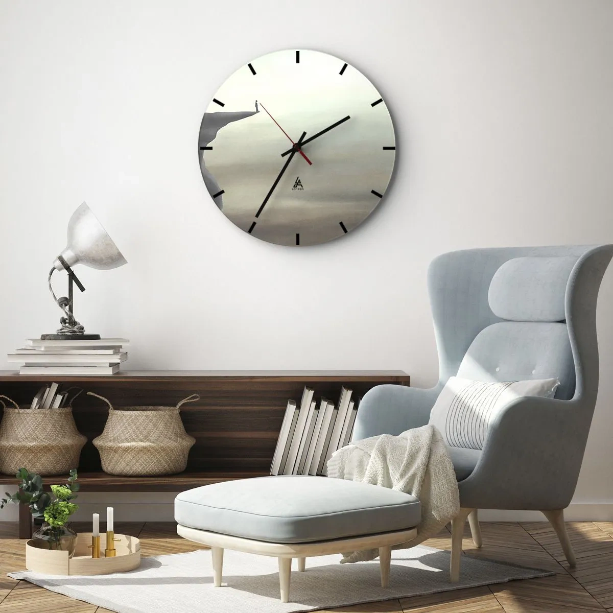 Nástěnné hodiny - Postava stojící na okraji útesu v minimalistické krajině - 30x30cm - Nahoru, samozřejmě! - Moderní nástěnná dekorace do obývacího pokoje, kuchyně a ložnice ARTTOR