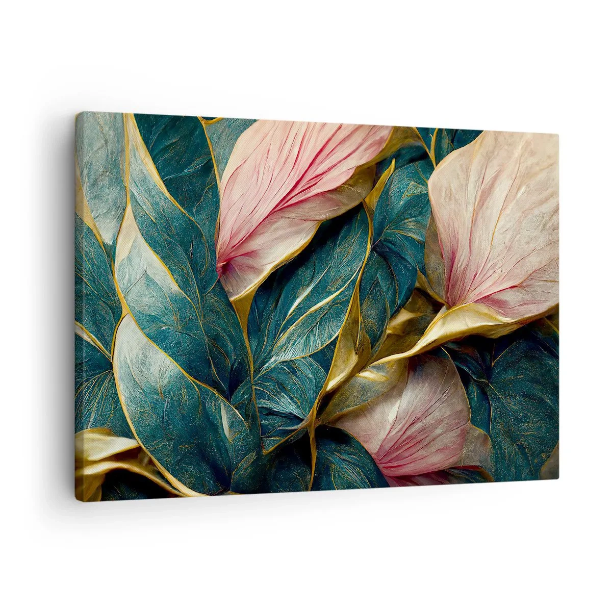 Obraz na plátně - Elegantní listy v zelené, zlaté a růžové barvě - 70x50cm - Přirozená elegance a styl - Moderní nástěnná dekorace do obývacího pokoje a ložnice ARTTOR
