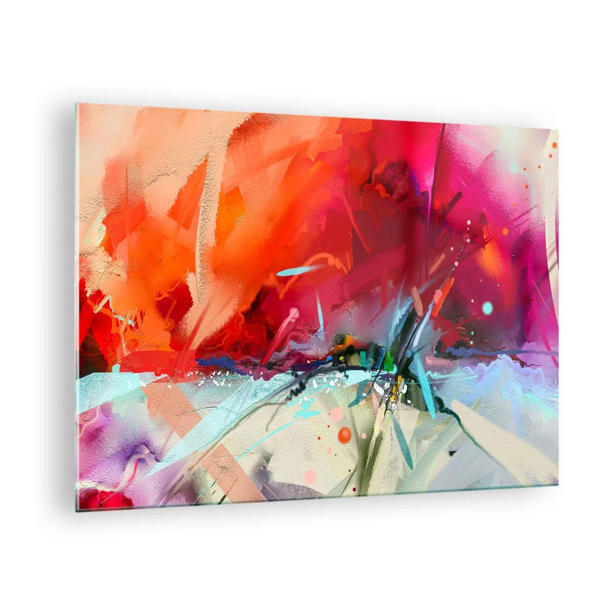 Obraz na skle - Abstraktní exploze barev a světel v dynamické kompozici. - 70x50cm - Exploze světel a barev - Moderní nástěnná dekorace do obývacího pokoje a ložnice ARTTOR