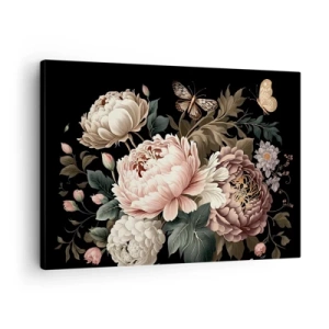 Obraz na plátně - Kytice růžových květin a motýlů na černém pozadí - 70x50cm - V barokním stylu - Moderní nástěnná dekorace do obývacího pokoje a ložnice ARTTOR
