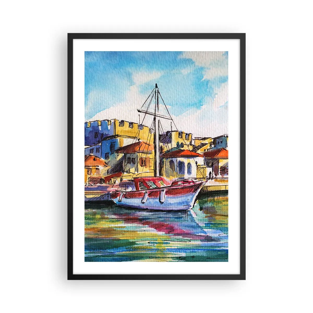 Plakát v černém rámu - Barevný akvarel jachty v přímořském městě - 50x70cm - Duhové odpoledne - Moderní nástěnná dekorace do obývacího pokoje a ložnice ARTTOR