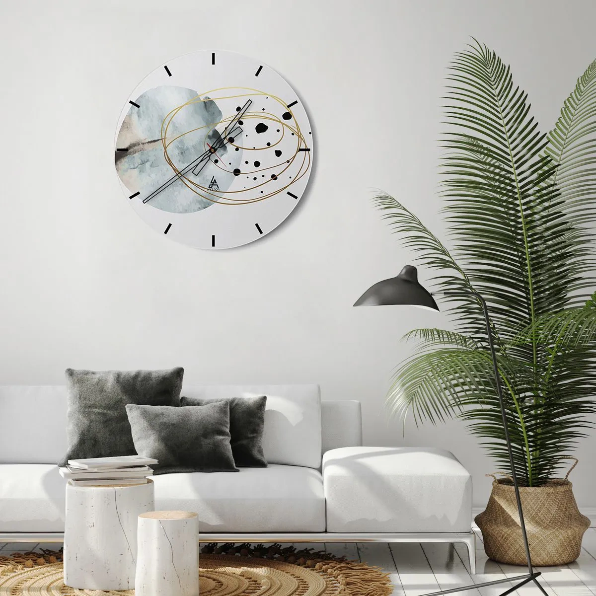 Nástěnné hodiny - Abstraktní zlaté čáry a černé tečky na světlém pozadí - 30x30cm - V objetí prostoru - Moderní nástěnná dekorace do obývacího pokoje, kuchyně a ložnice ARTTOR