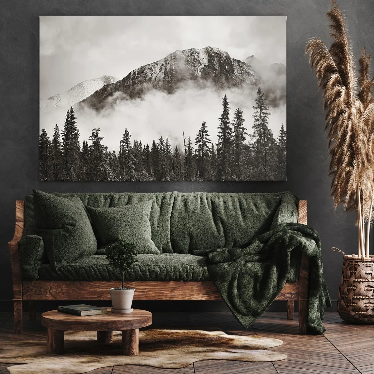 Obraz na plátně - Malebný horský vrchol obklopený mlhou a lesem v sépiových tónech - 70x50cm - Žulový panovník - Moderní nástěnná dekorace do obývacího pokoje a ložnice ARTTOR