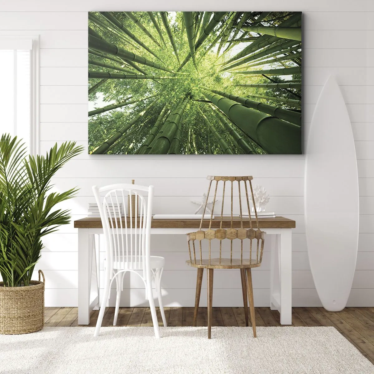 Obraz na plátně - Výhled nahoru skrz zelený bambusový háj - 70x50cm - V bambusovém háji - Moderní nástěnná dekorace do obývacího pokoje a ložnice ARTTOR